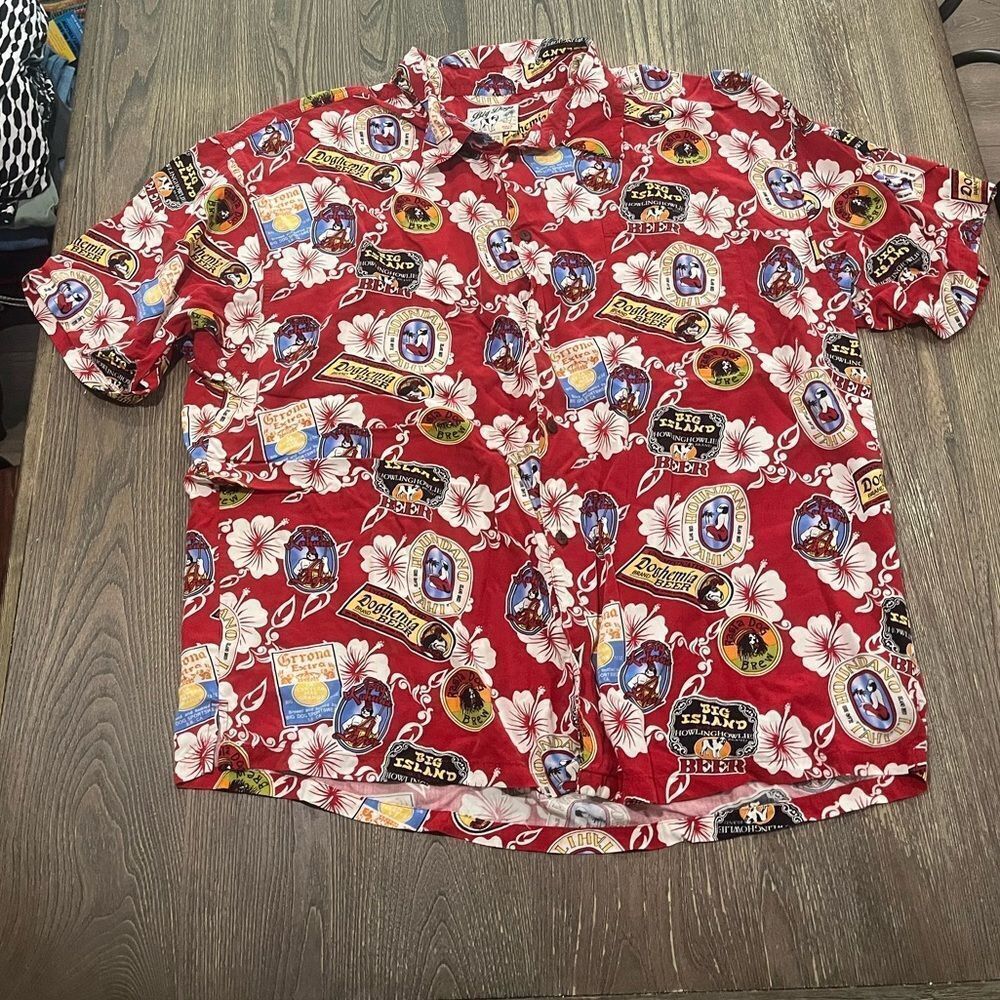 Big Dogs Shirt Button Up Hawaiian Dog Beer Tropical Floral Print Red Size 3X